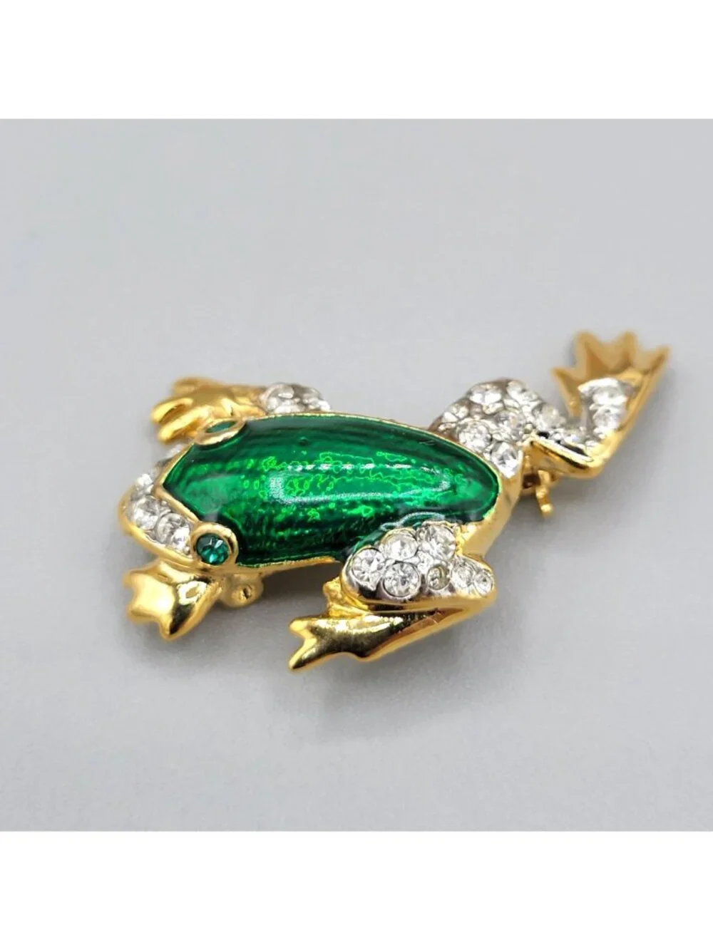 Vintage Frog Brooch Green Enamel Body Clear Rhinestone Accents Textured Feet